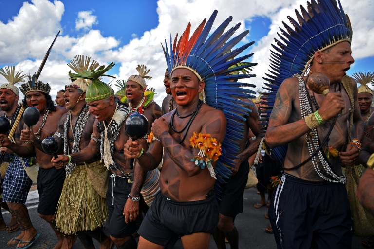 Indígenas fizeram manifestação em Brasília em defesa de suas terras, em 26 de abril de 2019.
