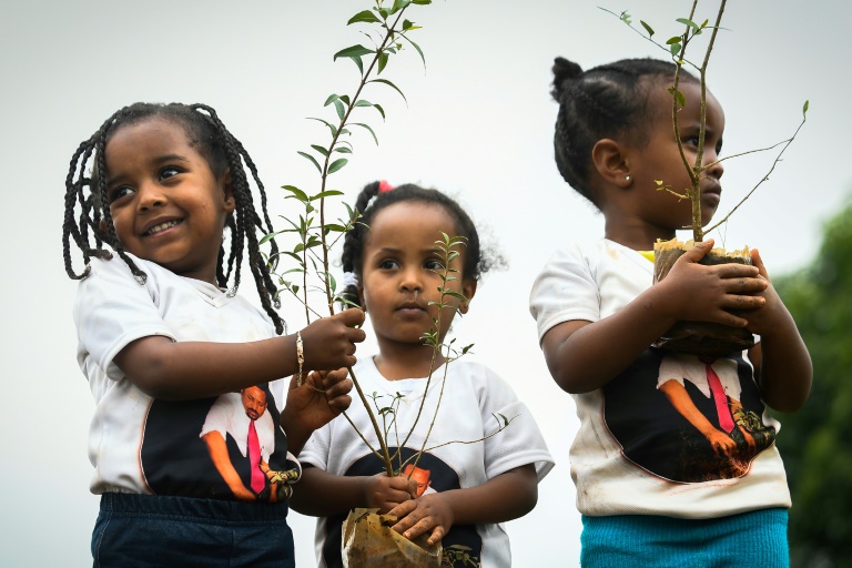 Meninas vestindo camisetas com fotografia do premier etíope, Abiy Ahmed, participam do plantio de árvores na capital do país