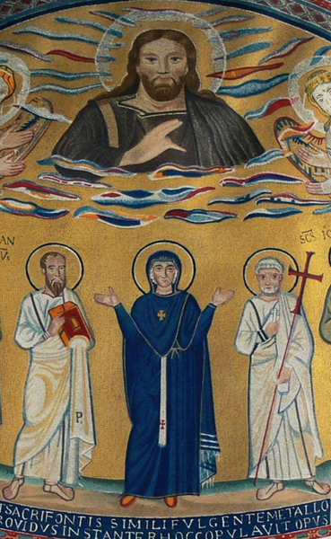 Mosaico oculto de Maria com o pálio episcopal com uma cruz vermelha, Capela de São Venâncio, Batistério de Latrão.