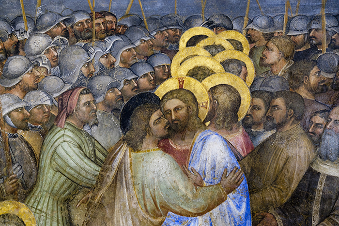 O afresco do pintor italiano Giusto de 'Menabuoi (1320-1390) de 1375 mostra como Judas trai o Filho de Deus através de um beijo.