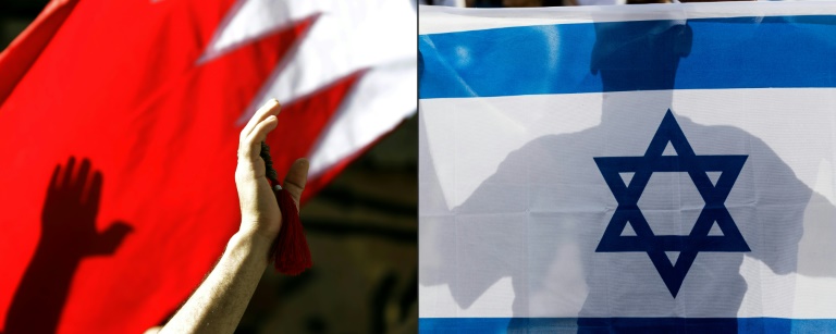 Bandeira nacional do Bahrein à esquerda e bandeira nacional de Israel à direita