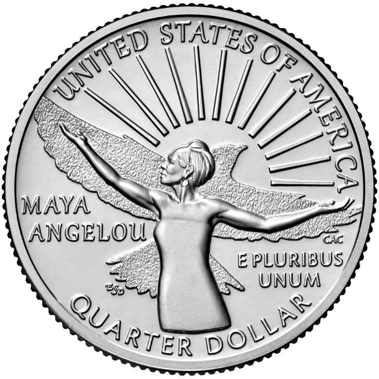 A cara da nova moeda de 25 centavos de dólar com Maya Angelou