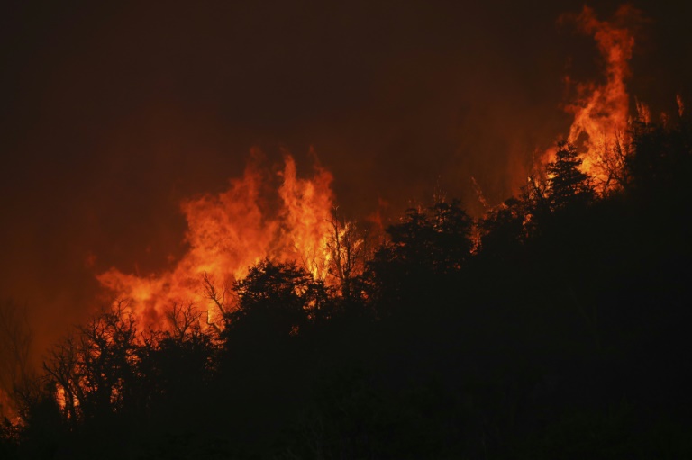 Chamas de um grande incêndio florestal são vistas da Rota 40, a cerca de 12 km de Paraje Villegas e 60 km ao sul de Bariloche, província de Rio Negro, Argentina, em 13 de janeiro de 2022