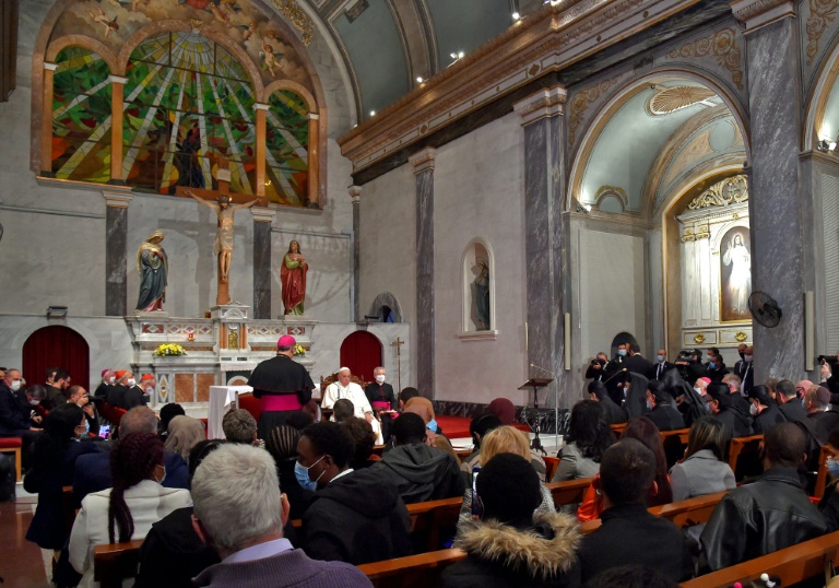 Papa Francisco durante uma oração com os migrantes na Igreja da Santa Cruz em Nicósia em 3 de dezembro de 2021