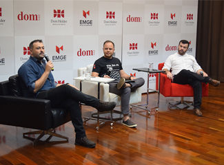 Bernardo Cária, Mateus Bernardes e Conrado Sanchez durante o lançamento do Simbora, realizado na segunda-feira (30) (Patrícia Azevedo/Necom)