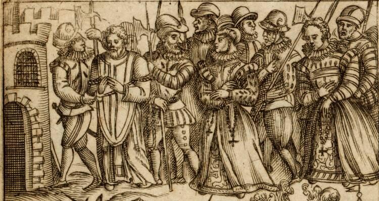 Uma gravura de Stephen Verstegan (c. 1581) mostrando a prisão de um padre e várias mulheres que o abrigaram