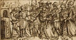 Uma gravura de Stephen Verstegan (c. 1581) mostrando a prisão de um padre e várias mulheres que o abrigaram (Com permissão dos Governadores do Stonyhurst College. Copyright Stonyhurst College)
