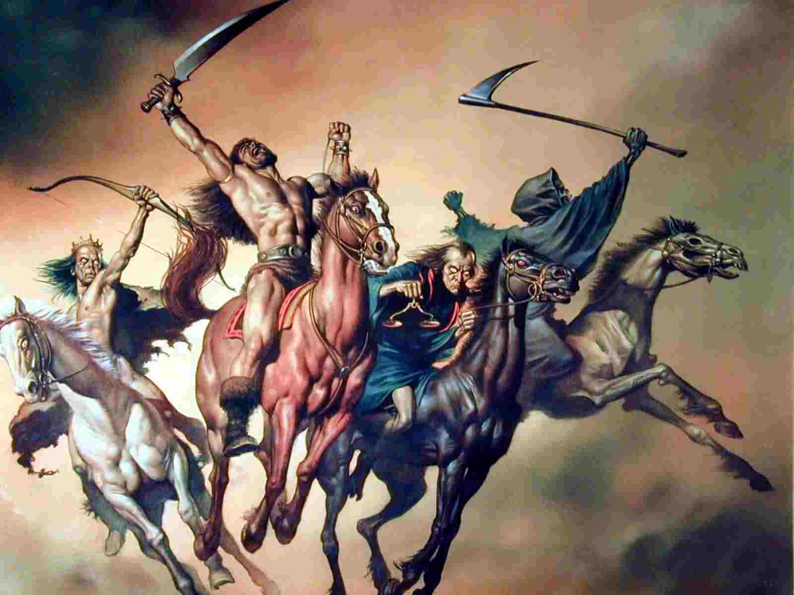 Os cavaleiros do Apocalipse, segundo o apóstolo João: Guerra, Fome, Peste e Morte