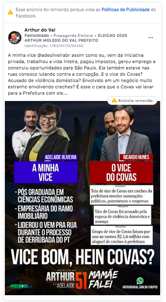 Candidato à prefeitura de São Paulo patrocinou publicação que ataca adversários e teve anúncio removido do Facebook (Reprodução)